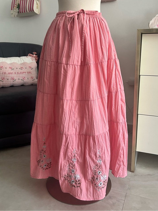 Kommotion Dresses & Skirts - Pink Vintage Y2k Tiered Maxi Skirt with Floral Embroidery Fairycore Adjustable